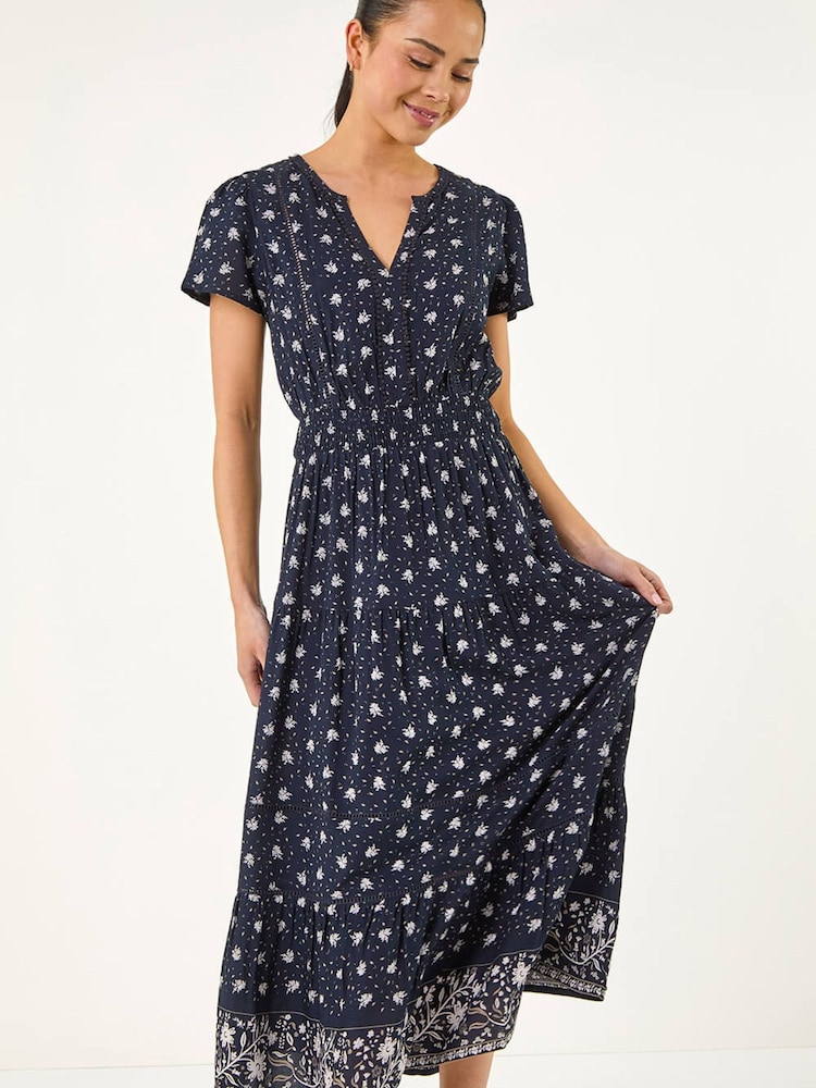 Roman Blue Petite Border Print V-Neck Dress - Image 2 of 5