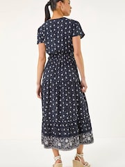Roman Blue Petite Border Print V-Neck Dress - Image 3 of 5