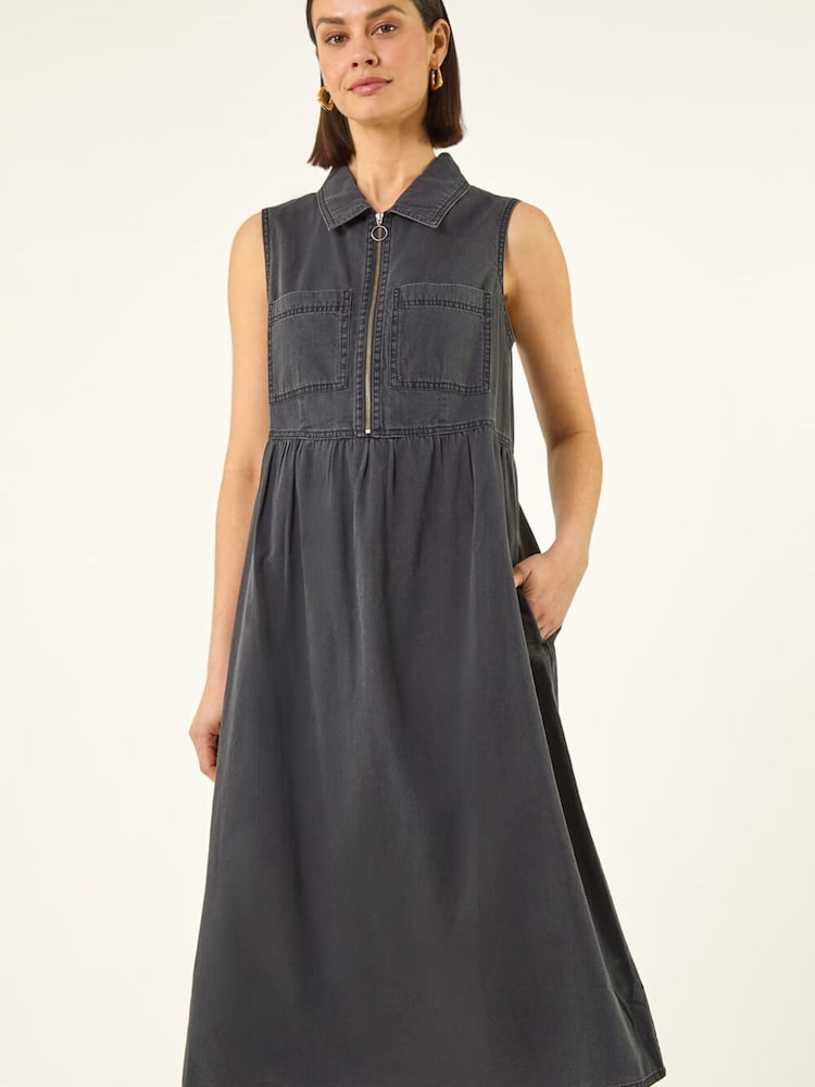 Roman Black Collared Zip Front Midi Dress - Image 1 of 5 Roman Black Collared Zip Front Midi Dress - Image 1 of 5