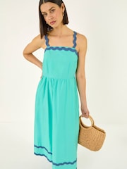 Roman Blue Contrast Ric Rac 100% Cotton Midi Dress - Image 1 of 5