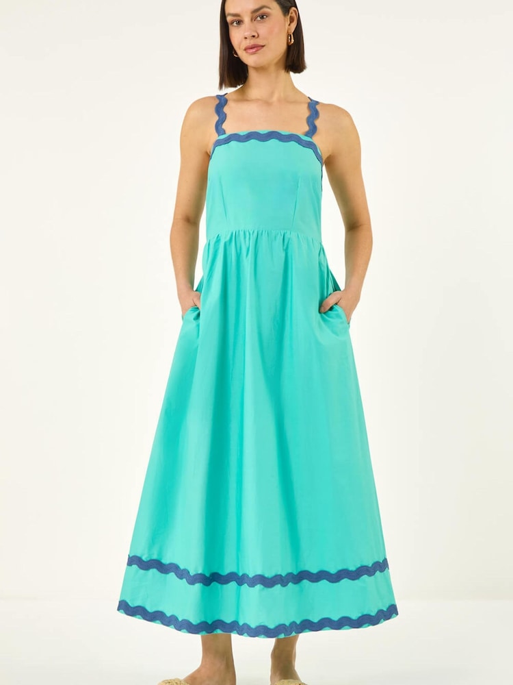 Roman Blue Contrast Ric Rac 100% Cotton Midi Dress - Image 2 of 5