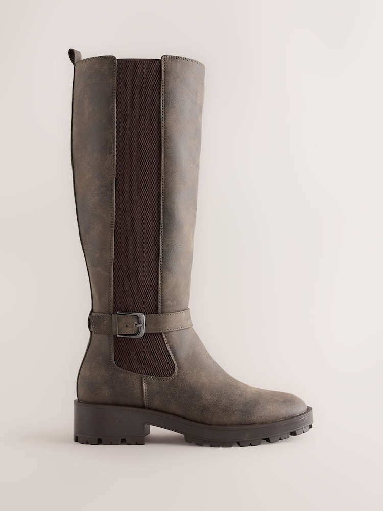 Chocolate Brown Standard fit Forever Comfort® Casual Buckle Knee High Boots - Image 1 of 5