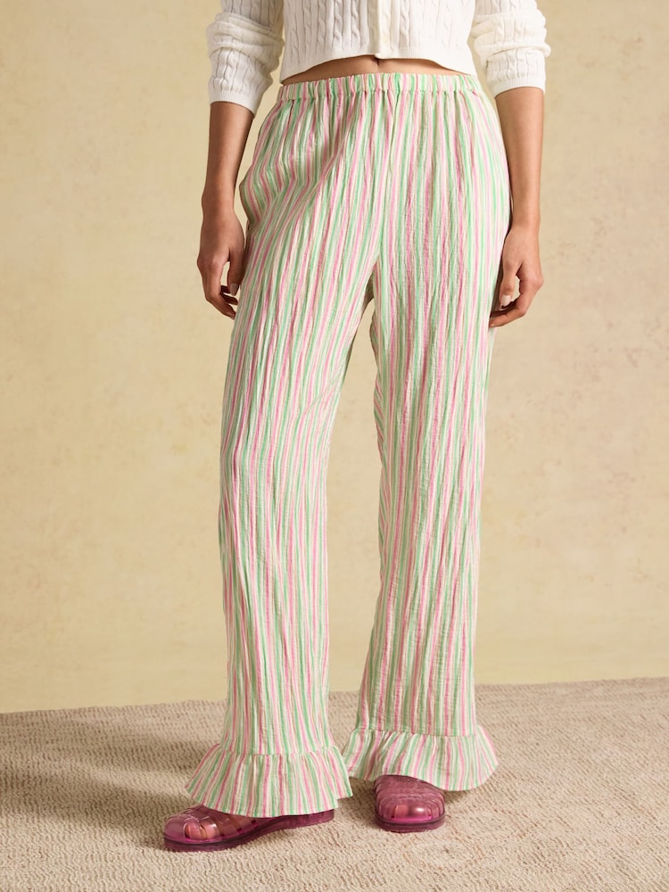 Joules Multi Striped Wide Leg Frill Hem Trouser - Image 1 of 8 Joules Multi Striped Wide Leg Frill Hem Trouser - Image 1 of 8