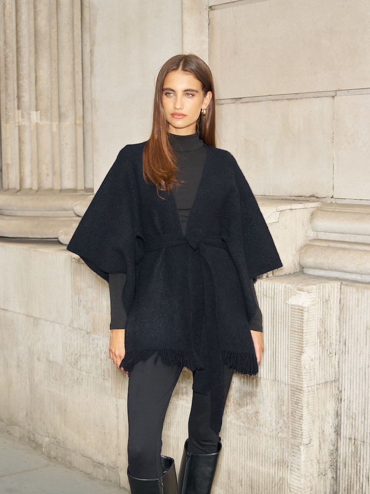 Lipsy Navy Soft Touch Belted Fringe Cape Poncho - Image 1 of 3