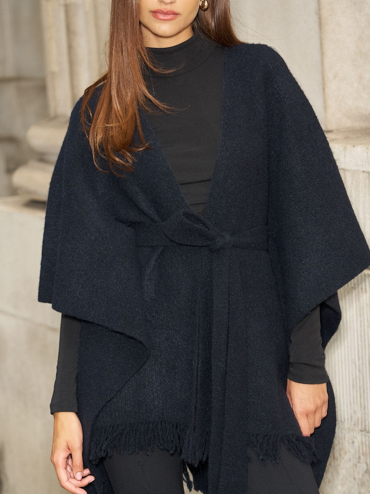 Lipsy Navy Soft Touch Belted Fringe Cape Poncho - Image 2 of 3