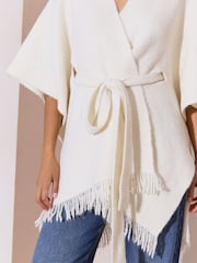 Lipsy Cream Soft Touch Belted Fringe Cape Poncho - Image 2 of 4