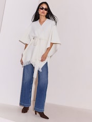 Lipsy Cream Soft Touch Belted Fringe Cape Poncho - Image 4 of 4
