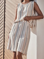 Peach Pink Stripe Pleat Front Bermuda Shorts - Image 1 of 5