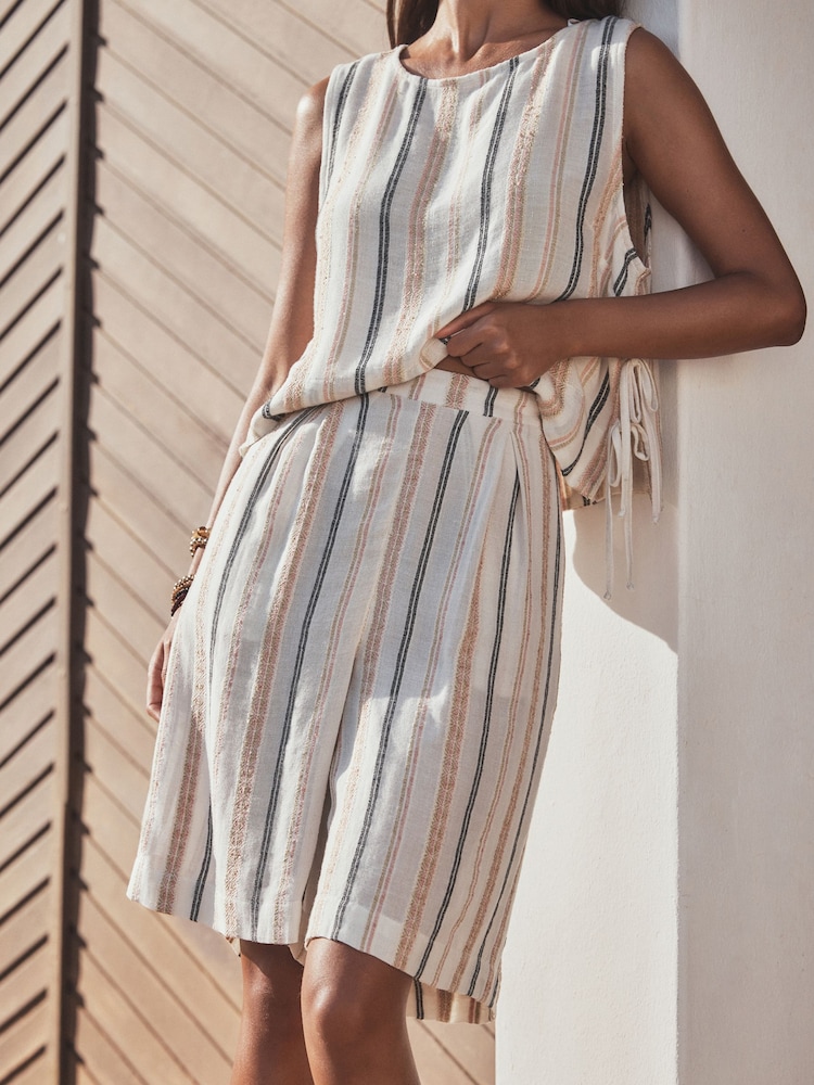 Peach Pink Stripe Pleat Front Bermuda Shorts - Image 1 of 5