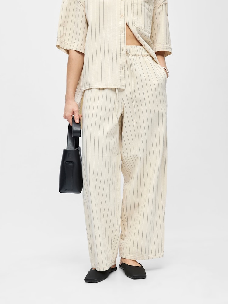 OBJECT Cream Pin Stripe Drawstring Trousers - Image 1 of 5 OBJECT Cream Pin Stripe Drawstring Trousers - Image 1 of 5