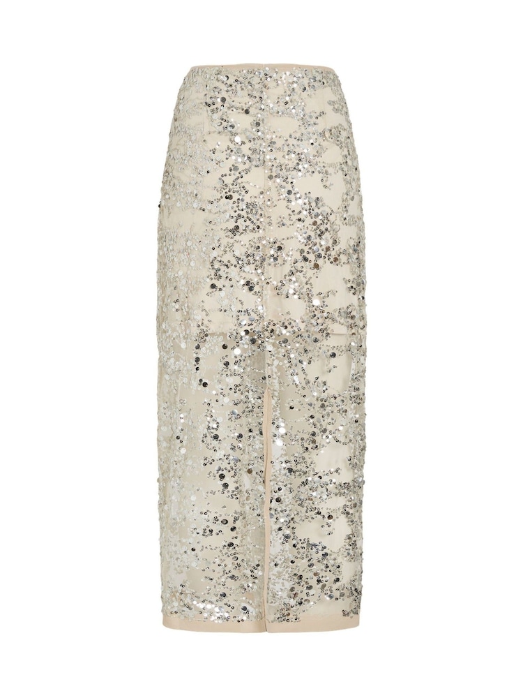 Rouge Edit Cream Sequin Mesh Sheer Lined Ankle Skirt - Image 6 of 6