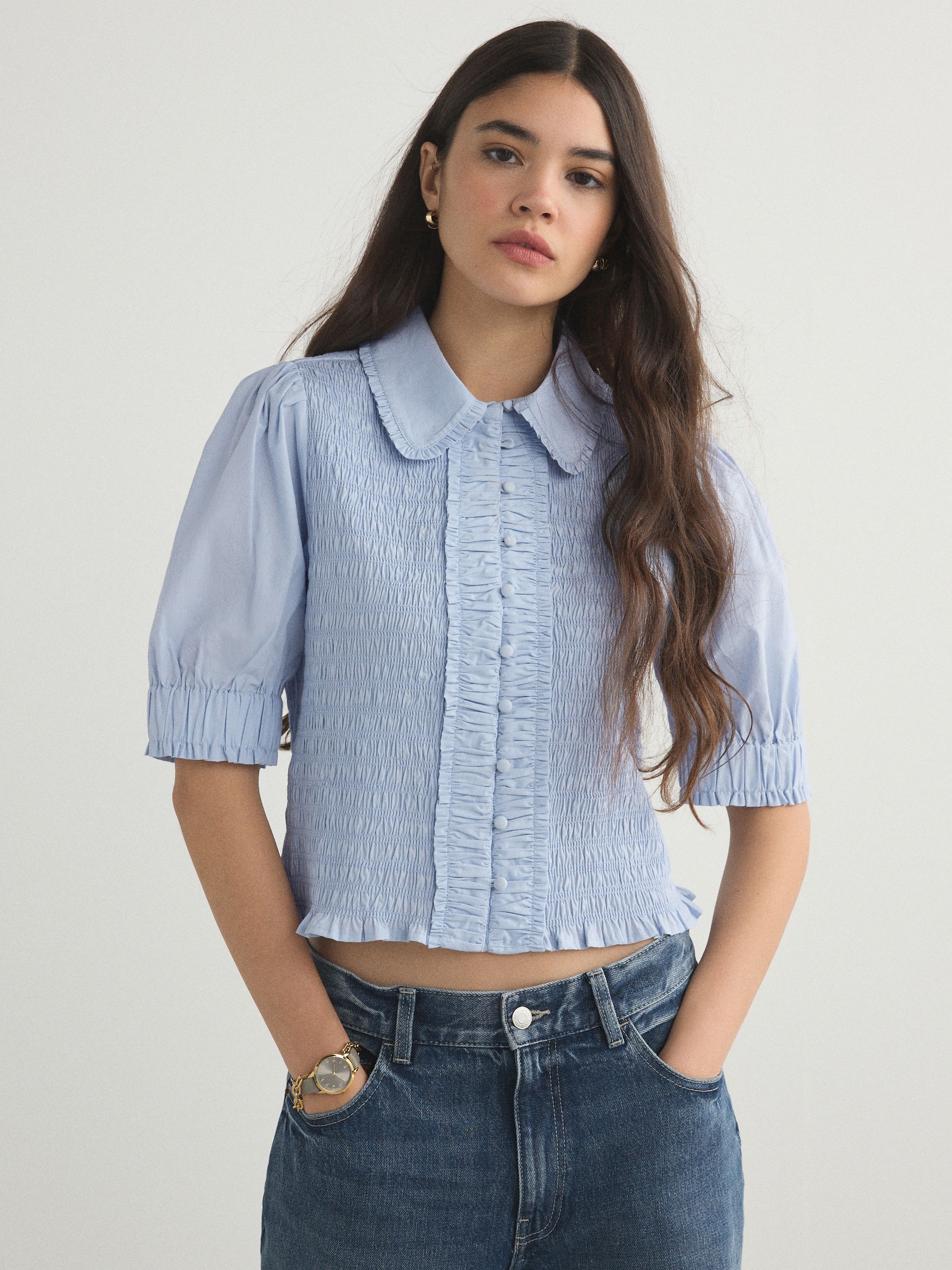 Buy Blue Smocked Collared Short Sleeve Top from Next Canada