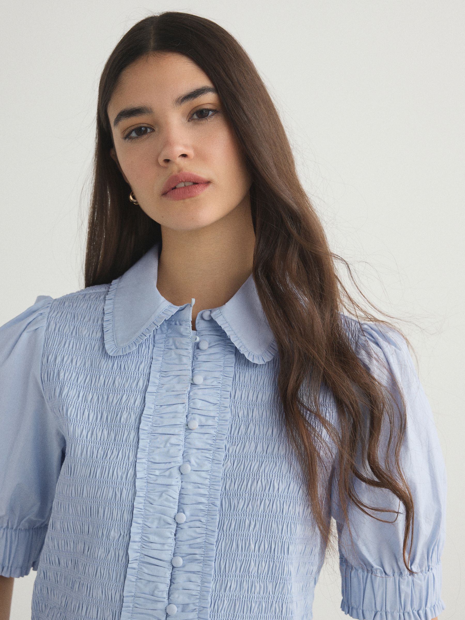 Buy Blue Smocked Collared Short Sleeve Top from Next Canada