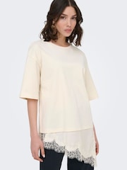 JDY Cream Short Sleeve T-Shirt With Lace Hem - Image 1 of 8