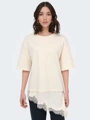 JDY Cream Short Sleeve T-Shirt With Lace Hem - Image 2 of 8