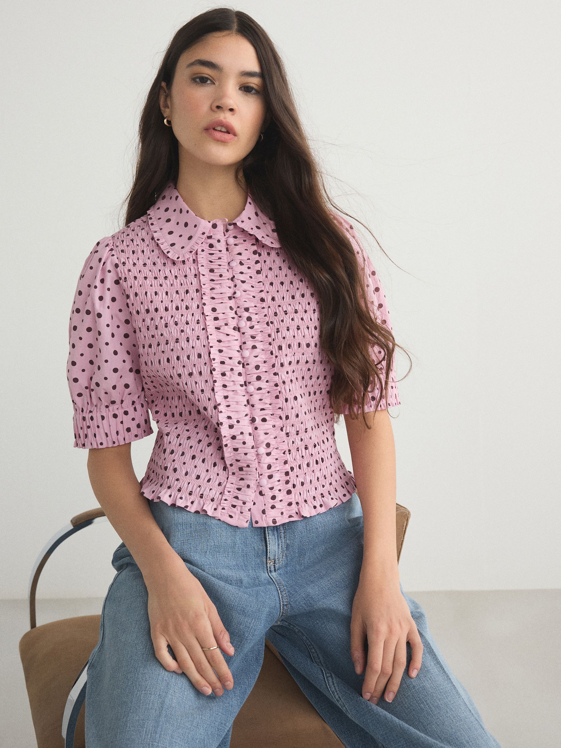 Buy Pink/Brown Polka Dot Smocked Collared Short Sleeve Top from