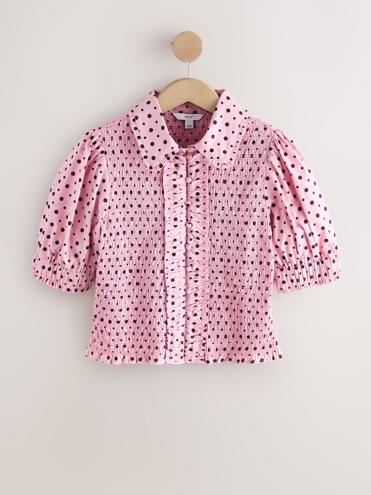 Lunares rosa/marrón - Smocked Collared Short Sleeve Top - Imagen 1 de 3 Lunares rosa/marrón - Smocked Collared Short Sleeve Top - Imagen 1 de 3