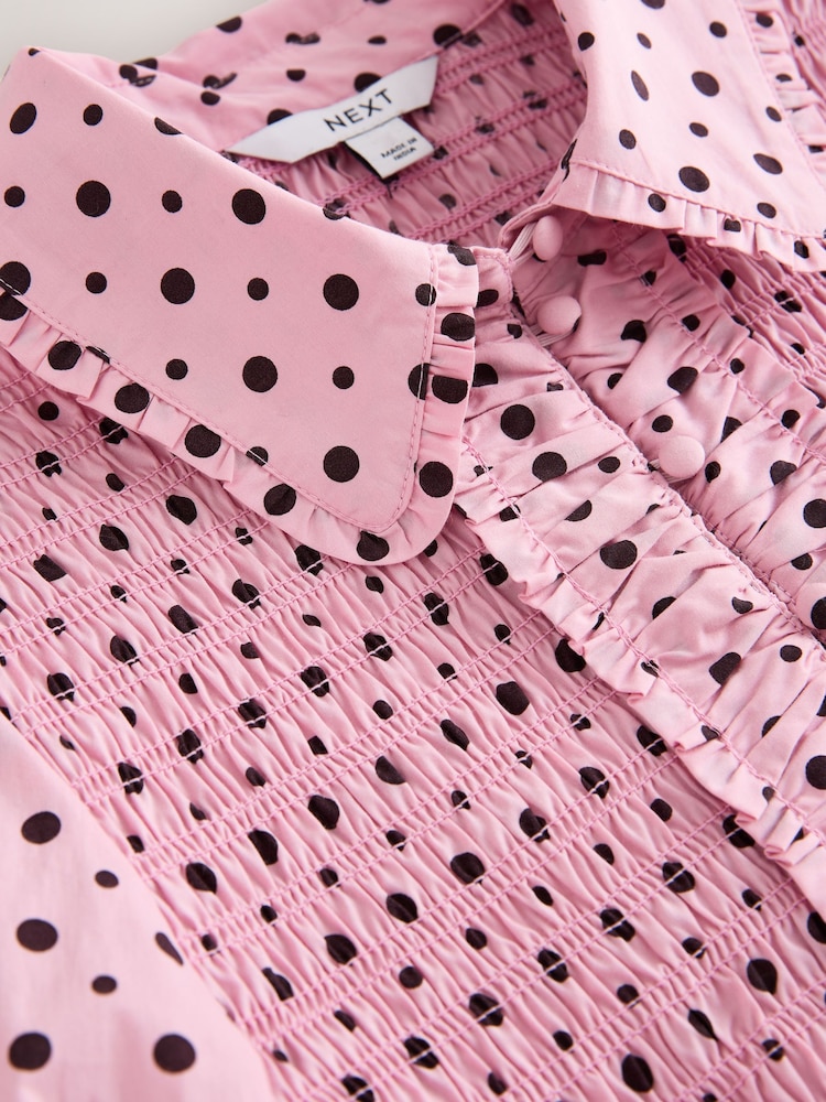 Lunares rosa/marrón - Smocked Collared Short Sleeve Top - Imagen 2 de 3 Lunares rosa/marrón - Smocked Collared Short Sleeve Top - Imagen 2 de 3