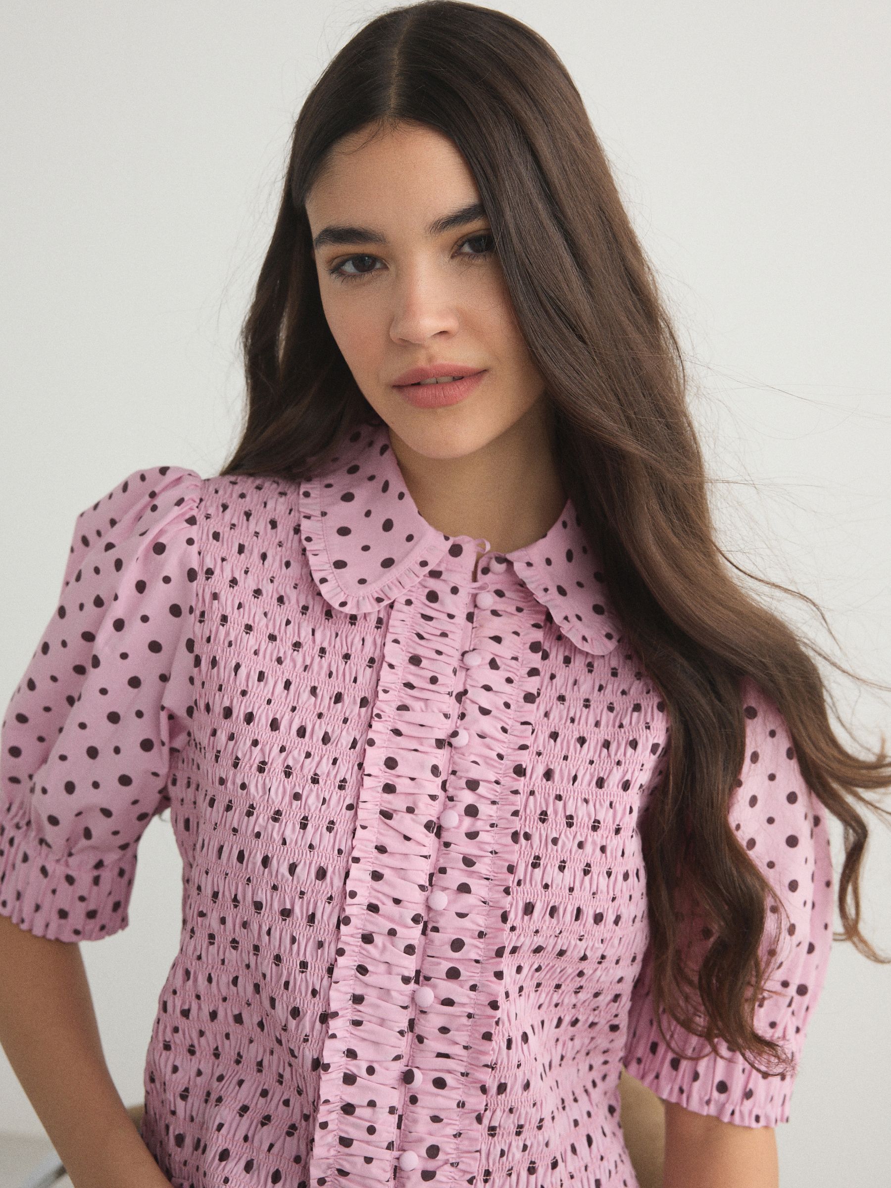 Buy Pink/Brown Polka Dot Smocked Collared Short Sleeve Top from