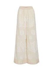 Rouge Edit Cream Elasticated Wide Leg Floral Detail Trousers - Image 5 of 6