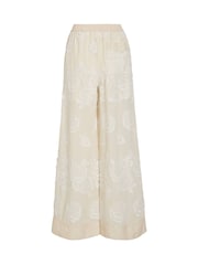 Rouge Edit Cream Elasticated Wide Leg Floral Detail Trousers - Image 6 of 6