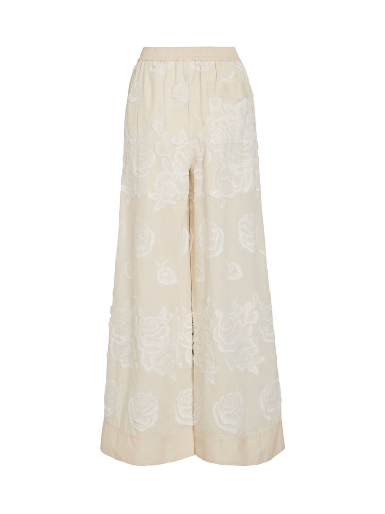 Rouge Edit Cream Elasticated Wide Leg Floral Detail Trousers - Image 6 of 6