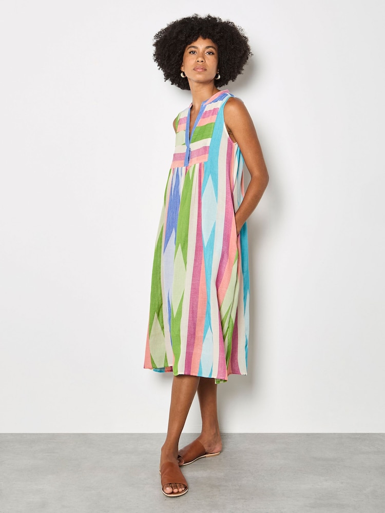Apricot Pink Cotton Colourful Stripe Midi Dress - Image 1 of 4