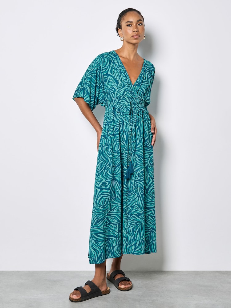 Apricot Blue Zebra Print Kimono Midi Dress - Image 2 of 4