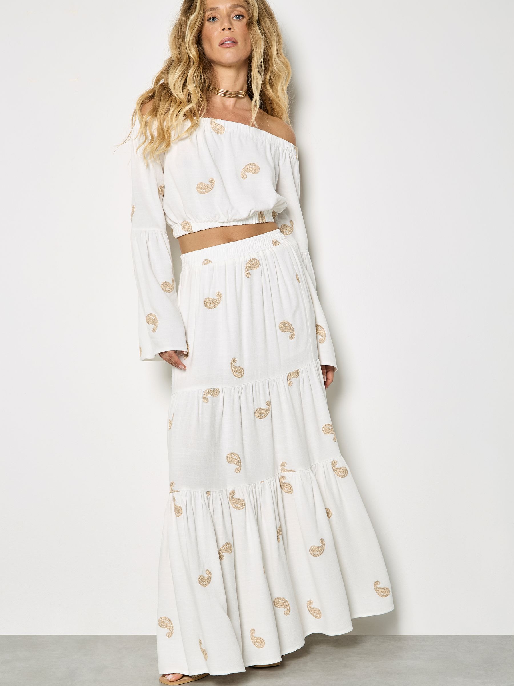 Buy Apricot Cream Paisley Embroidered Tiered Maxi Skirt from the