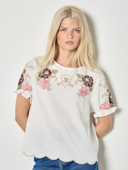 Apricot White Floral Embroidered Ruffle Sleeve Cotton Top - Image 1 of 4