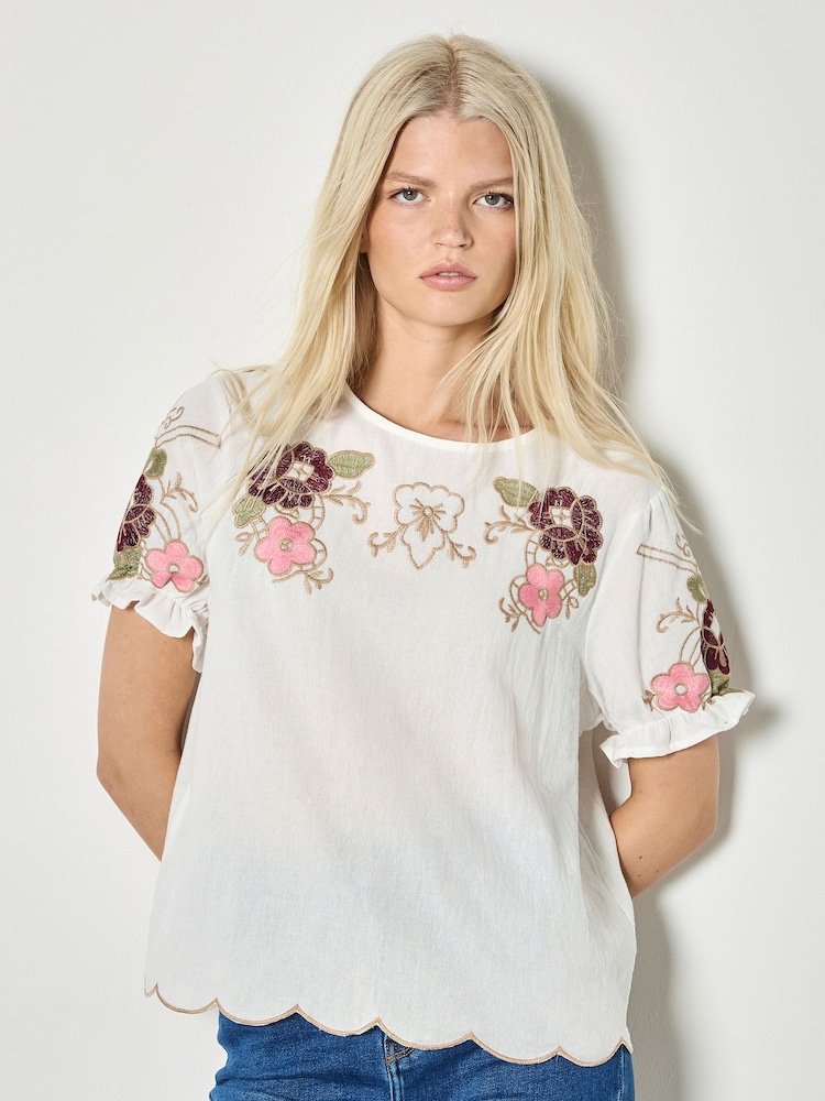Apricot White Floral Embroidered Ruffle Sleeve Cotton Top - Image 1 of 4