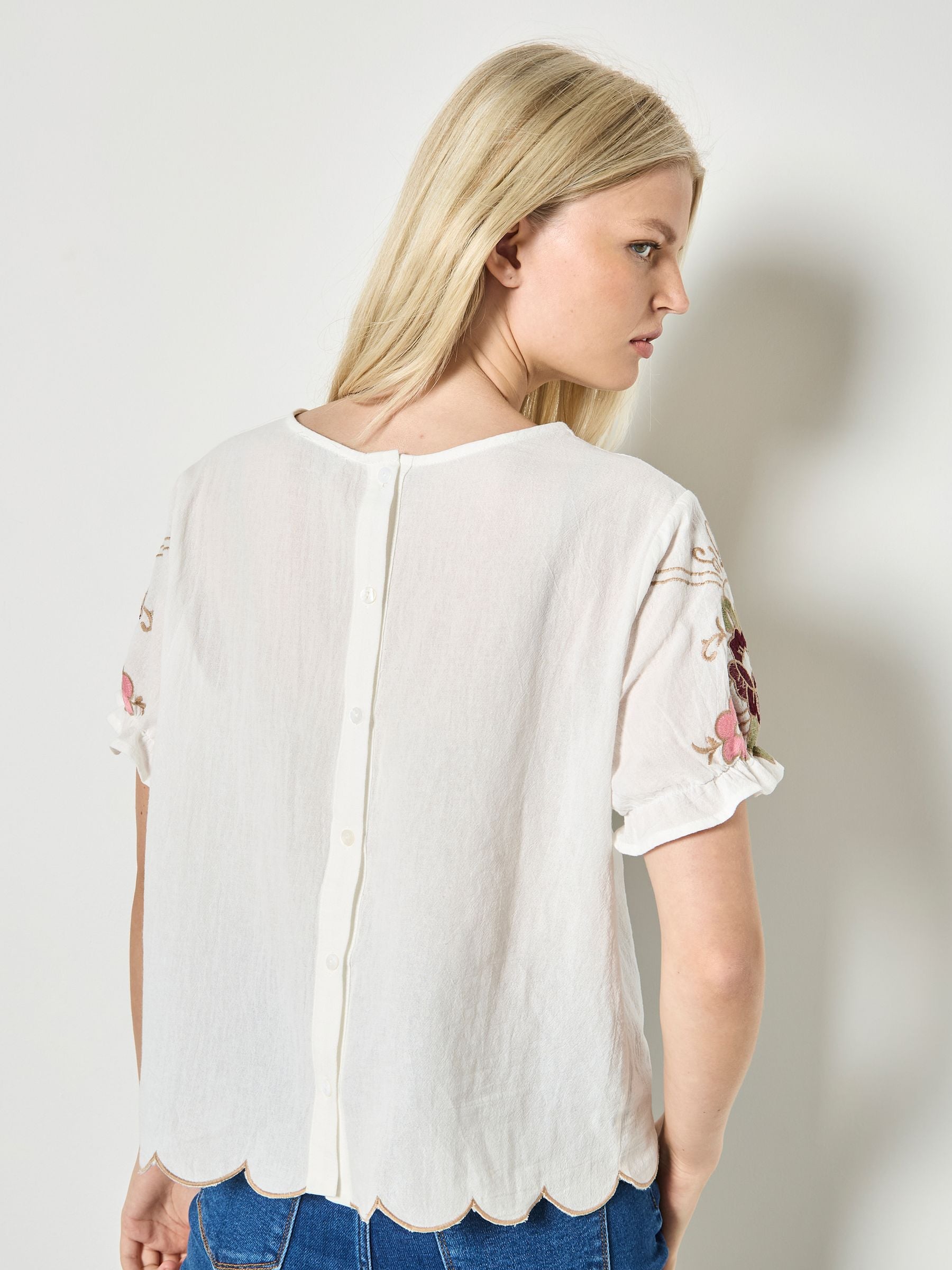 Buy Apricot White Floral Embroidered Ruffle Sleeve Cotton Top from
