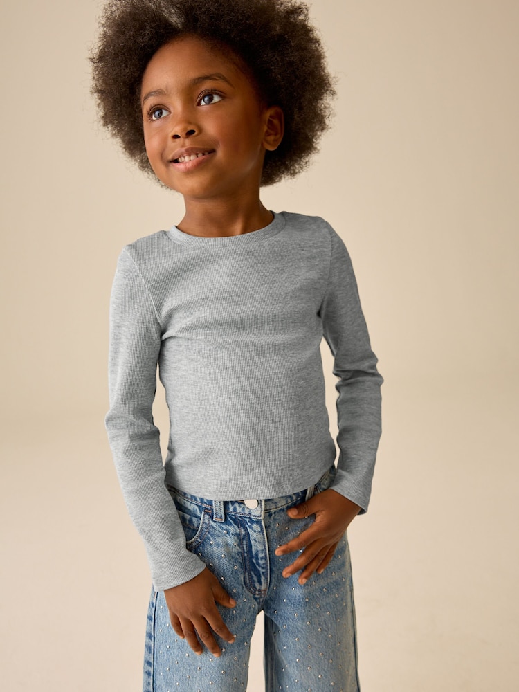 Grey Marl Fitted Long Sleeve Rib Top (3-16yrs) - Image 1 of 7 Grey Marl Fitted Long Sleeve Rib Top (3-16yrs) - Image 1 of 7