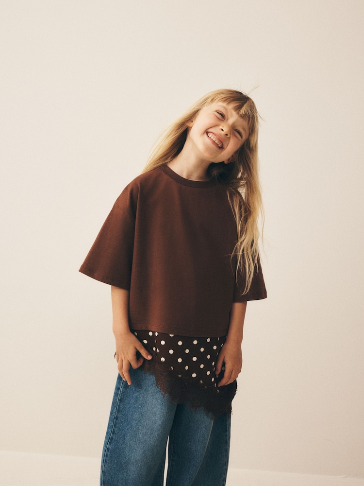 Chocolate Brown Spot Lace Asymmetric T-Shirt (3-16yrs) - Image 1 of 3 Chocolate Brown Spot Lace Asymmetric T-Shirt (3-16yrs) - Image 1 of 3