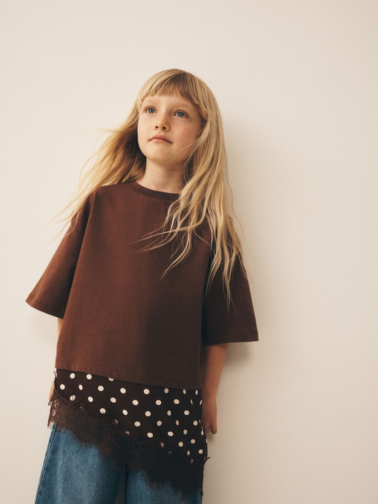 Chocolate Brown Spot Lace Asymmetric T-Shirt (3-16yrs) - Image 2 of 3 Chocolate Brown Spot Lace Asymmetric T-Shirt (3-16yrs) - Image 2 of 3