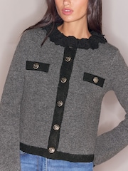 Lipsy Grey Broderie Collar Knitted Cardigan - Image 2 of 5