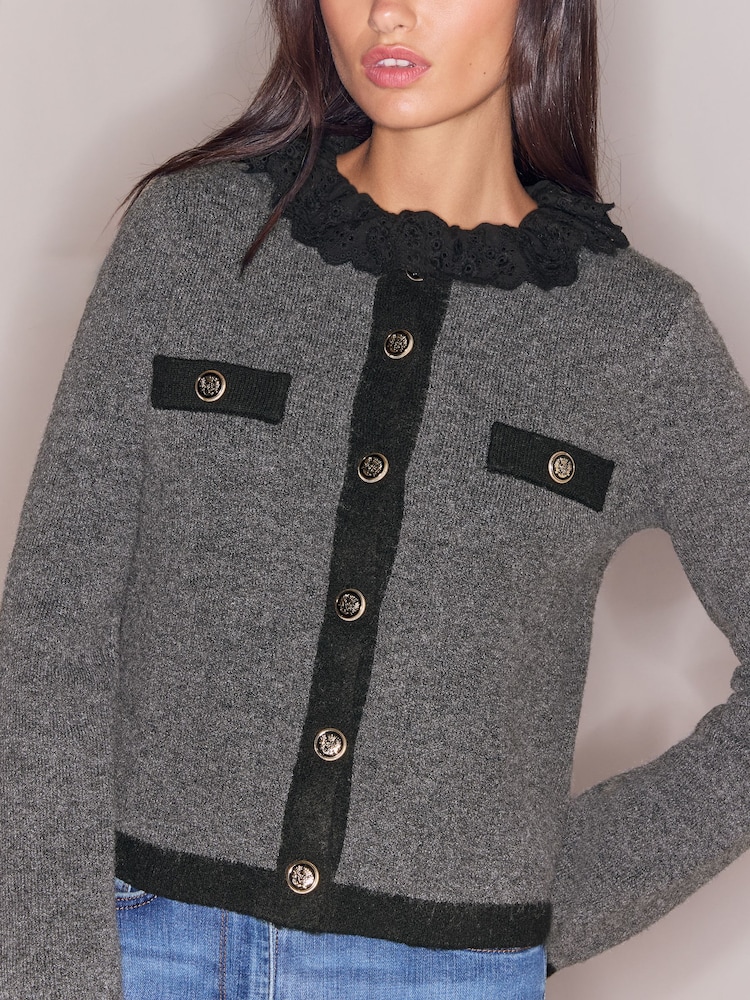 Lipsy Grey Broderie Collar Knitted Cardigan - Image 2 of 5 Lipsy Grey Broderie Collar Knitted Cardigan - Image 2 of 5