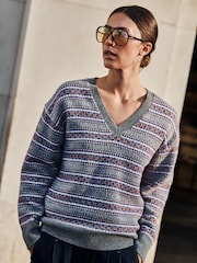 Grey/Pink Fairisle N.Premium Merino Wool V-Neck Jumper - Image 1 of 5