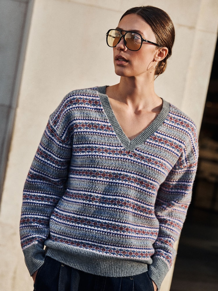 Grey/Pink Fairisle N.Premium Merino Wool V-Neck Jumper - Image 1 of 5