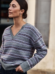 Grey/Pink Fairisle N.Premium Merino Wool V-Neck Jumper - Image 2 of 5