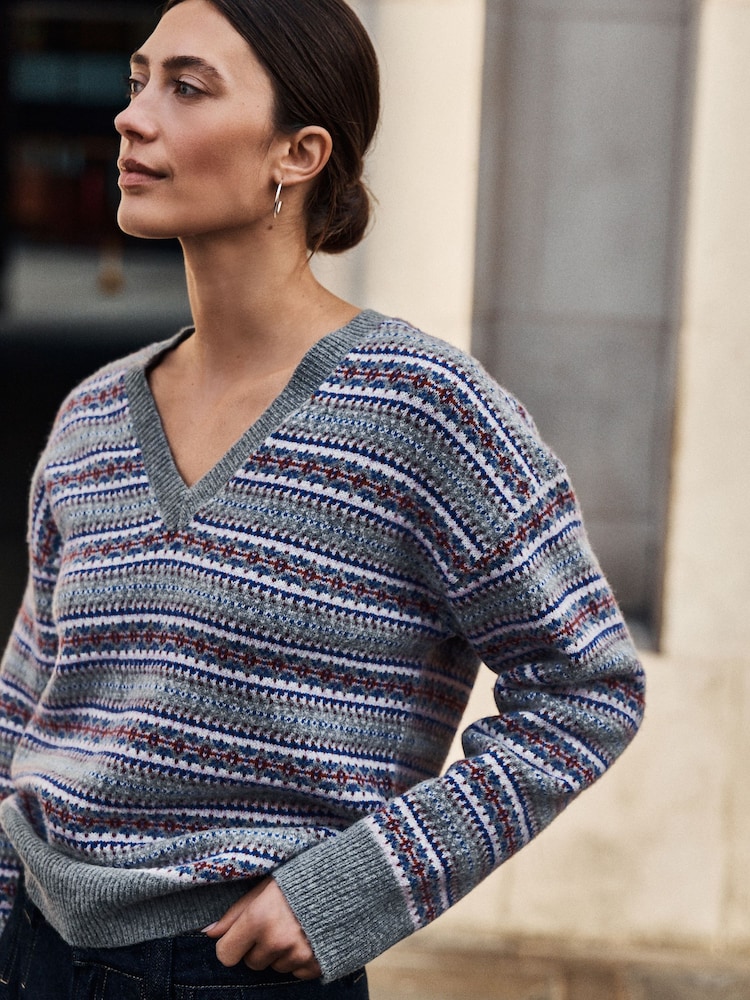 Grey/Pink Fairisle N.Premium Merino Wool V-Neck Jumper - Image 2 of 5