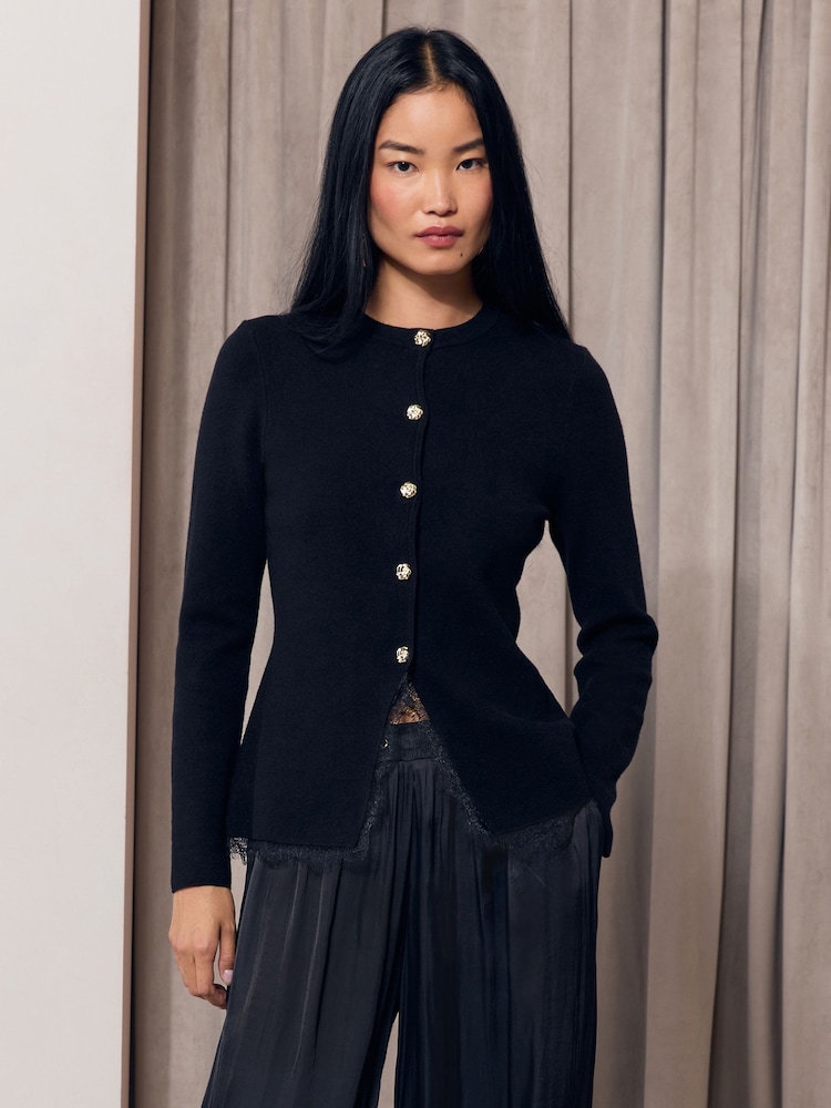 Lipsy Black Lace Detail Longline Knit Cardigan - Image 1 of 6