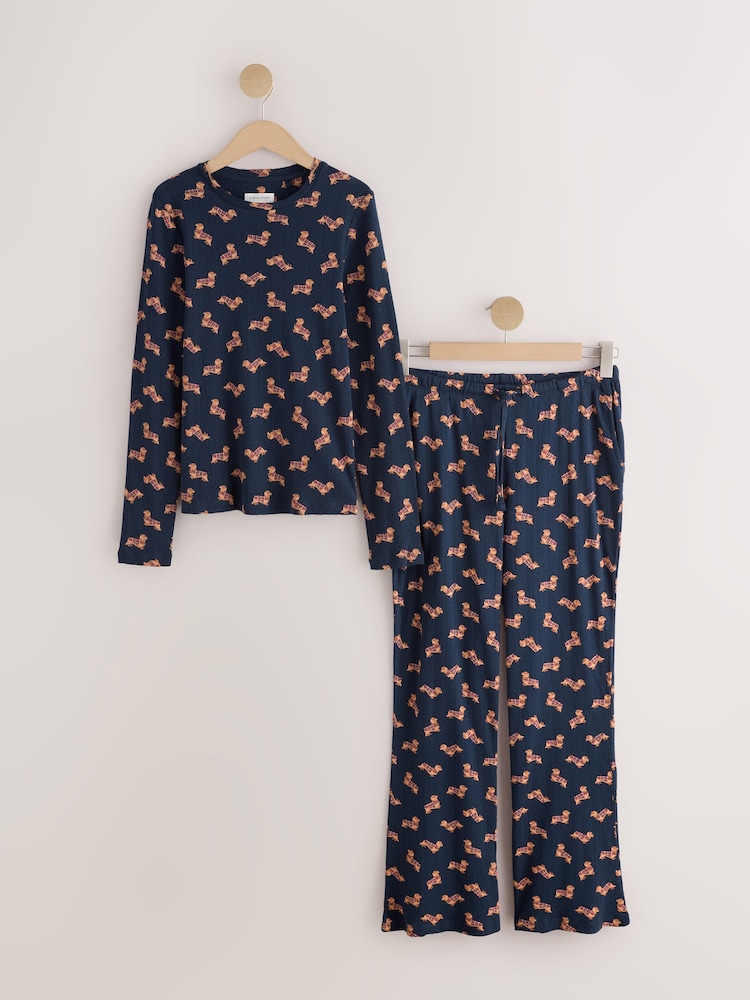 Navy Dachshund Pointelle Long Sleeve Pyjamas - Image 1 of 3 Navy Dachshund Pointelle Long Sleeve Pyjamas - Image 1 of 3