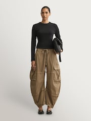 Free People Green Reef Curved Cargo Twill Trousers - Image 1 of 6