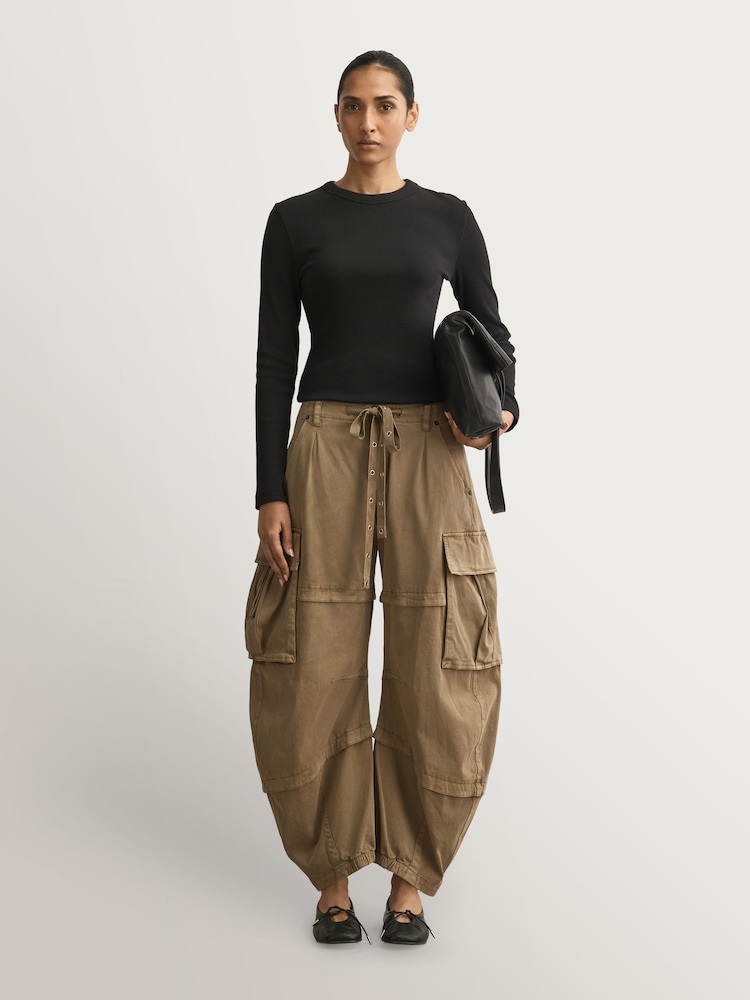 Free People Green Reef Curved Cargo Twill Trousers - Image 1 of 6 Free People Green Reef Curved Cargo Twill Trousers - Image 1 of 6