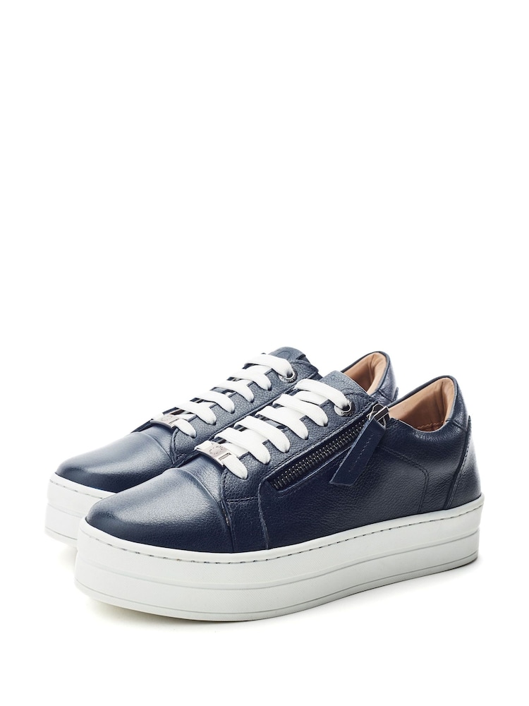 Moda in Pelle Blue Abbee Leather Slab Sole Lace Up Trainers With Zip - Image 2 of 3