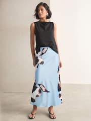 Light Blue/Black Floral Print Satin Midi Skirt - Image 1 of 8