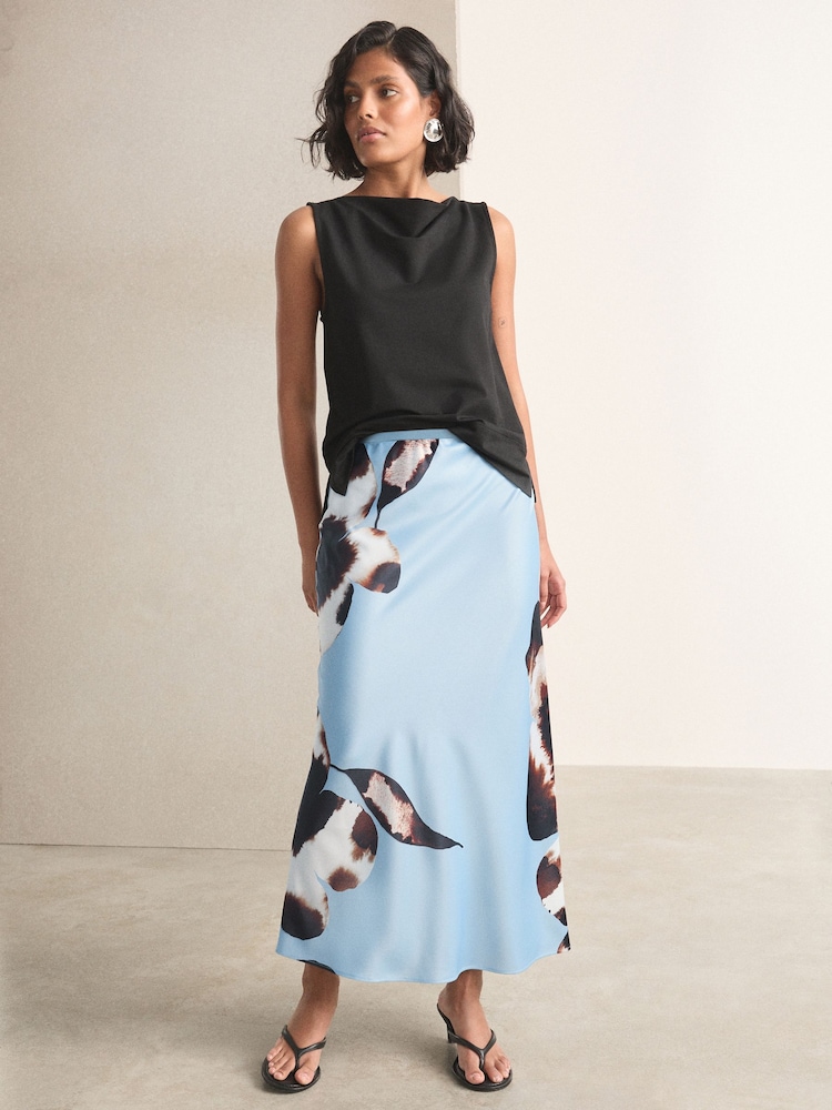 Light Blue/Black Floral Print Satin Midi Skirt - Image 1 of 8 Light Blue/Black Floral Print Satin Midi Skirt - Image 1 of 8