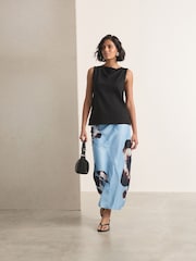 Light Blue/Black Floral Print Satin Midi Skirt - Image 2 of 8