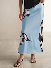 Light Blue/Black Floral Print Satin Midi Skirt - Image 3 of 8